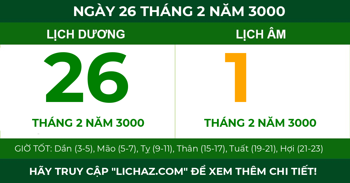 lịch âm ngày 26 tháng 2 năm 3000