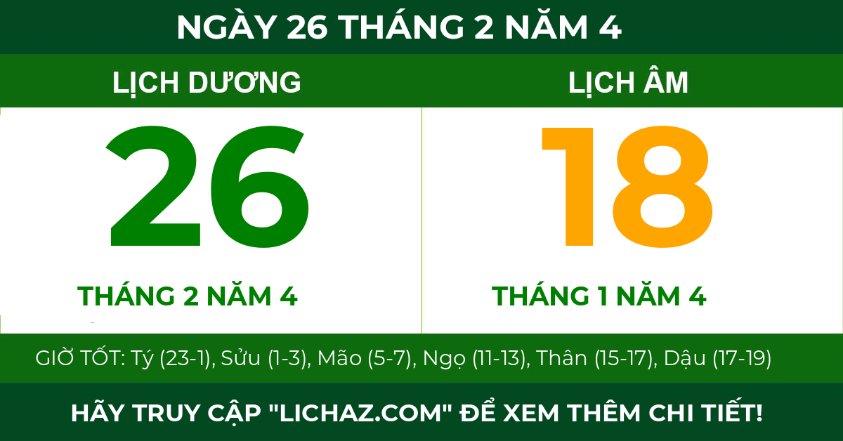 lịch âm ngày 26 tháng 2 năm 4