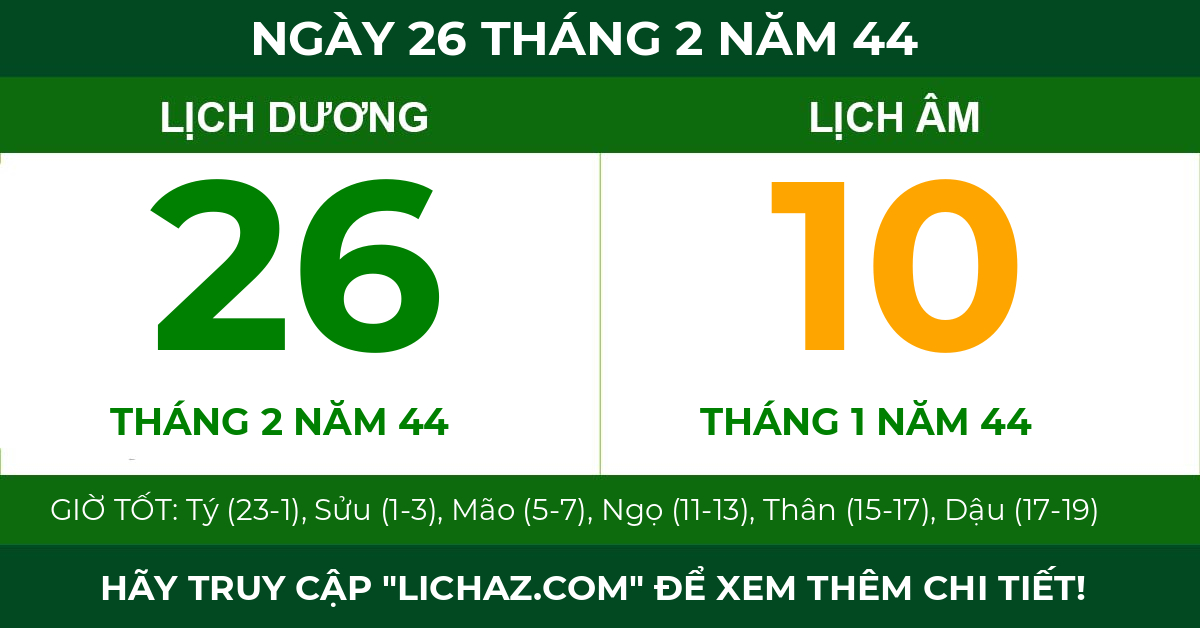 lịch âm ngày 26 tháng 2 năm 44