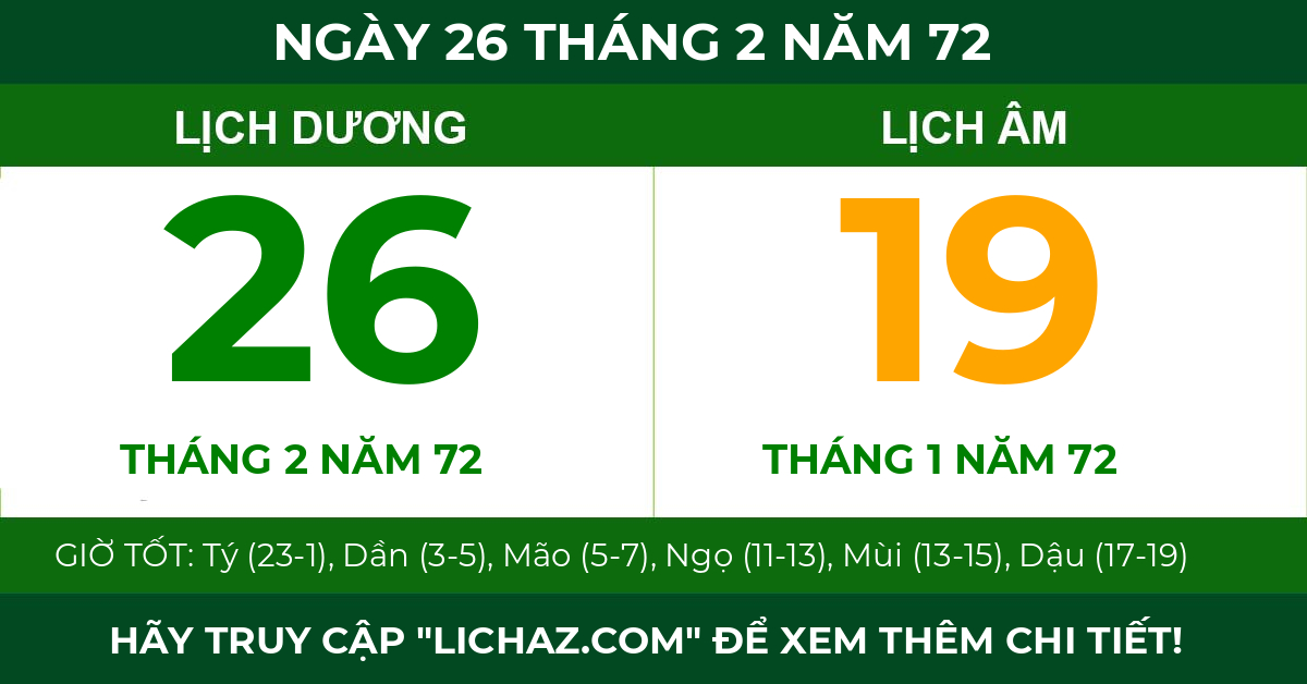 lịch âm ngày 26 tháng 2 năm 72