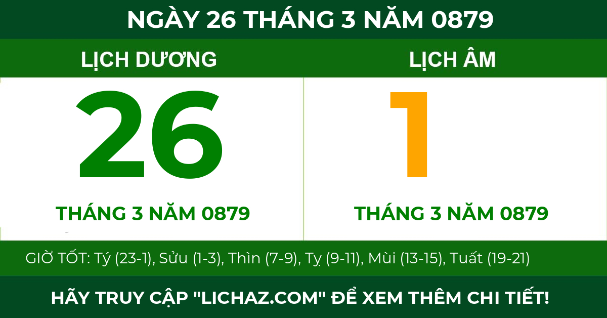 lịch âm ngày 26 tháng 3 năm 0879