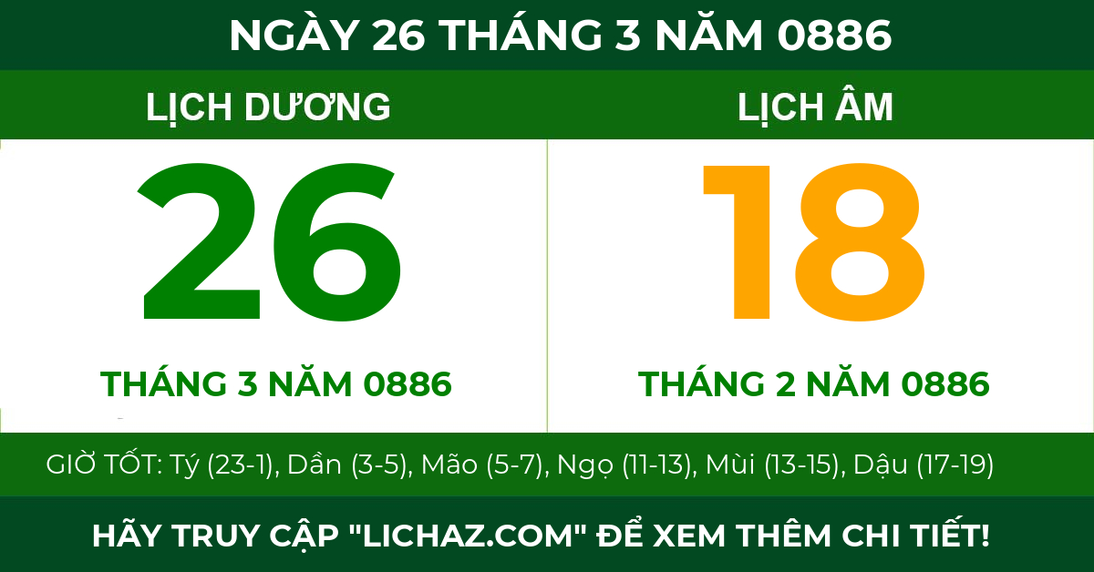 lịch âm ngày 26 tháng 3 năm 0886