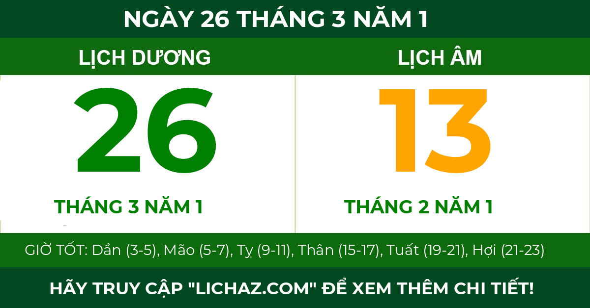 lịch âm ngày 26 tháng 3 năm 1