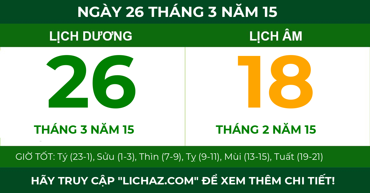lịch âm ngày 26 tháng 3 năm 15