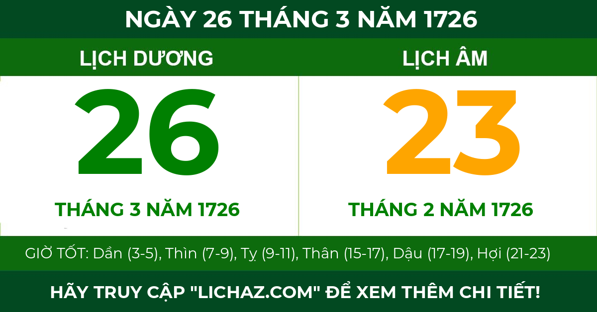 lịch âm ngày 26 tháng 3 năm 1726