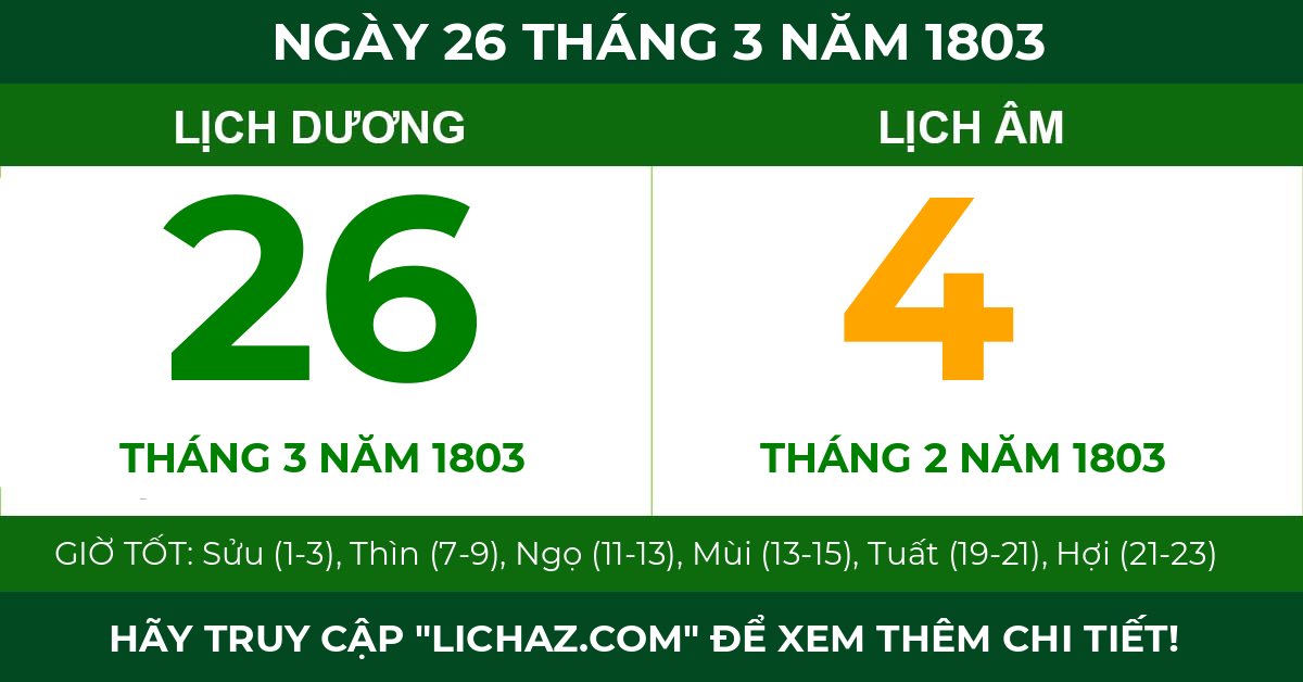lịch âm ngày 26 tháng 3 năm 1803