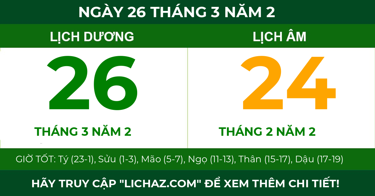 lịch âm ngày 26 tháng 3 năm 2
