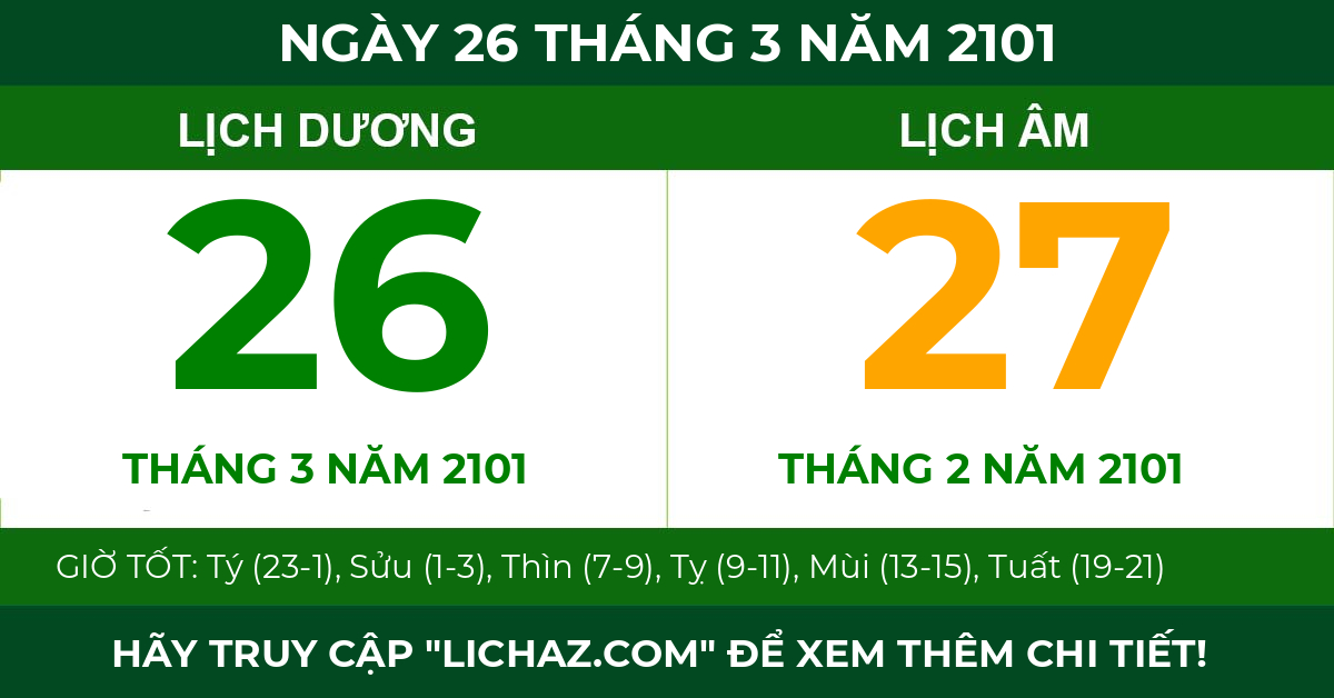 lịch âm ngày 26 tháng 3 năm 2101