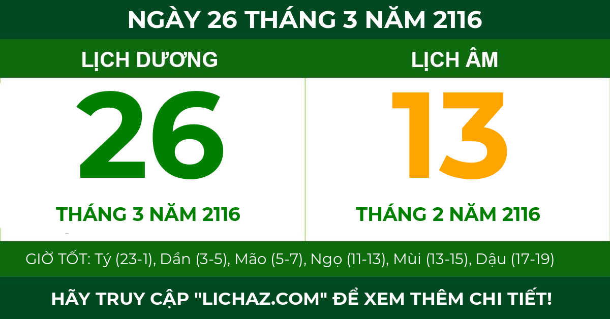 lịch âm ngày 26 tháng 3 năm 2116