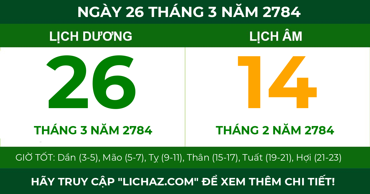 lịch âm ngày 26 tháng 3 năm 2784
