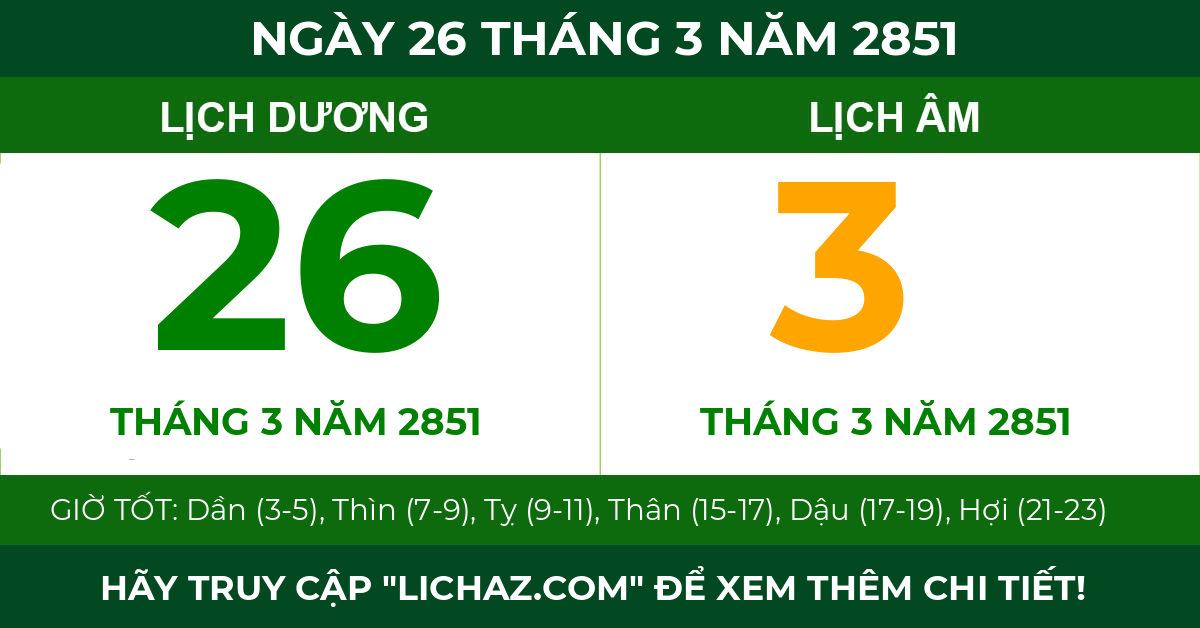 lịch âm ngày 26 tháng 3 năm 2851