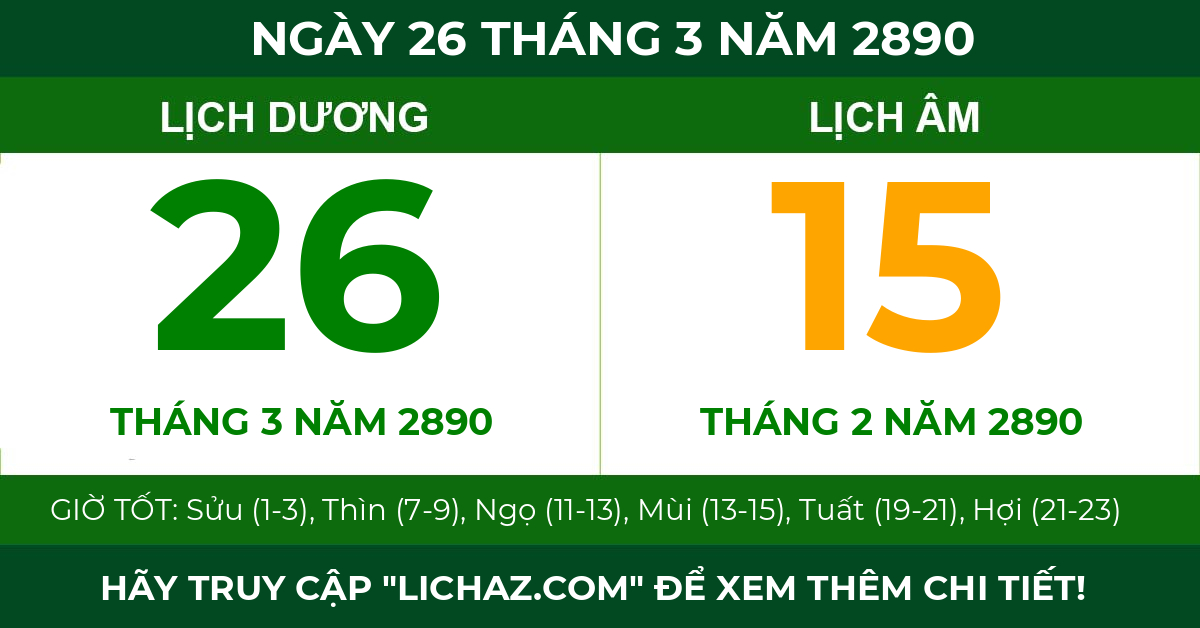 lịch âm ngày 26 tháng 3 năm 2890