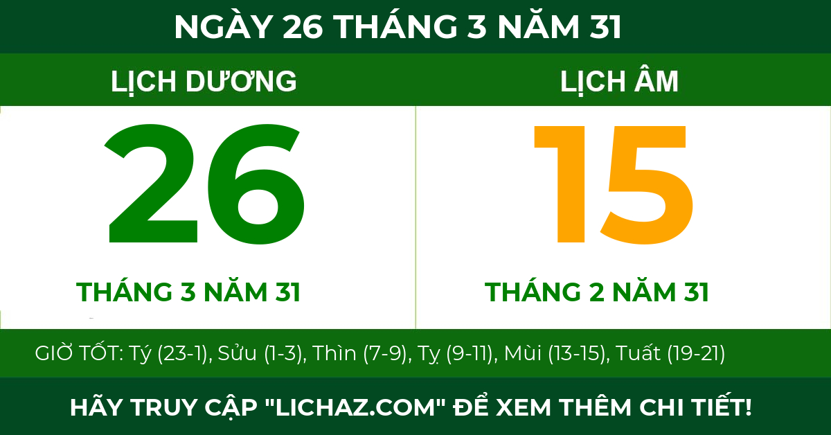 lịch âm ngày 26 tháng 3 năm 31
