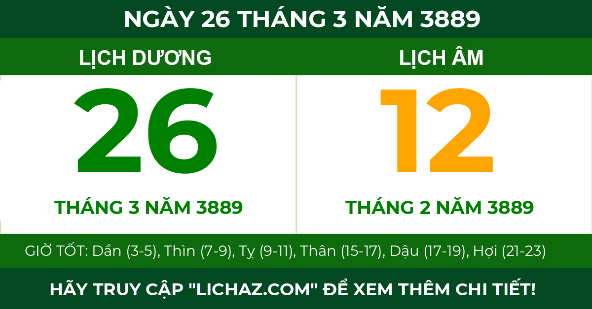 lịch âm ngày 26 tháng 3 năm 3889