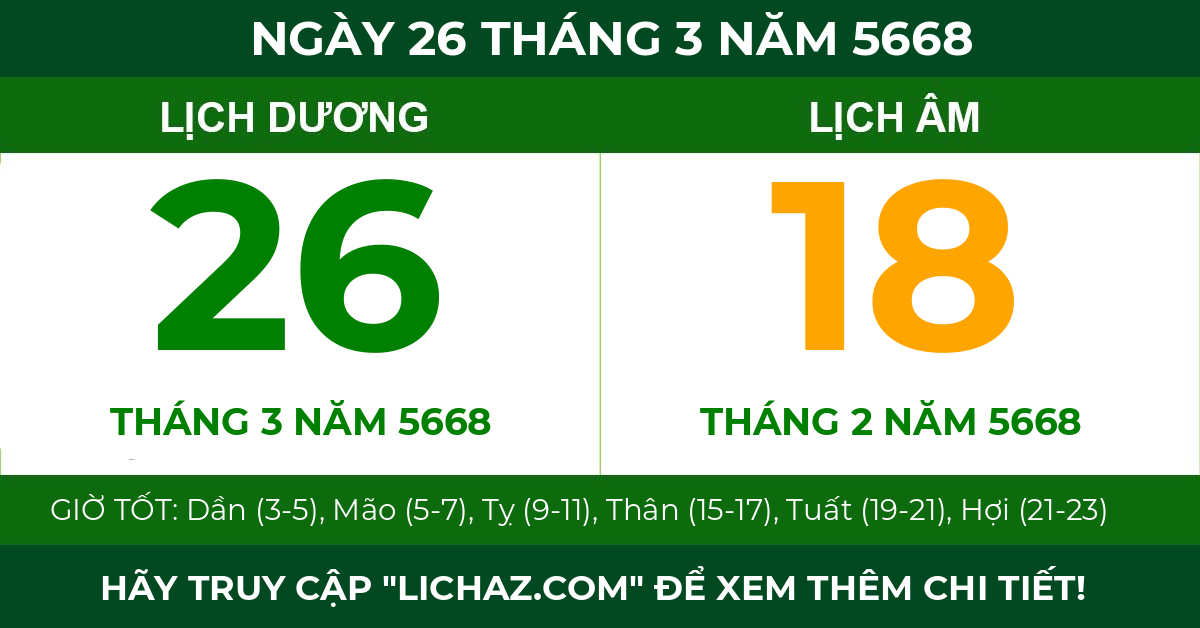 lịch âm ngày 26 tháng 3 năm 5668