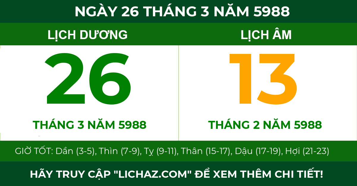 lịch âm ngày 26 tháng 3 năm 5988