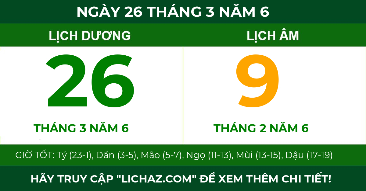 lịch âm ngày 26 tháng 3 năm 6