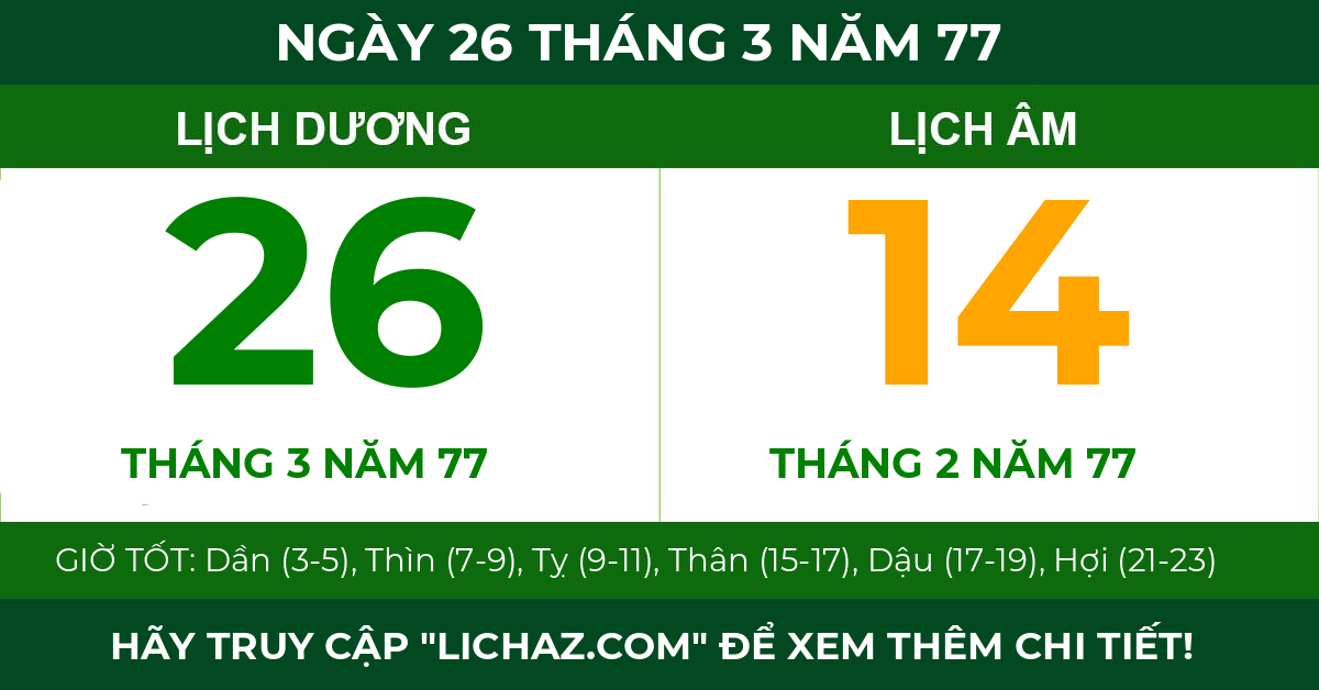 lịch âm ngày 26 tháng 3 năm 77