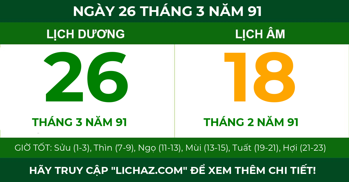 lịch âm ngày 26 tháng 3 năm 91