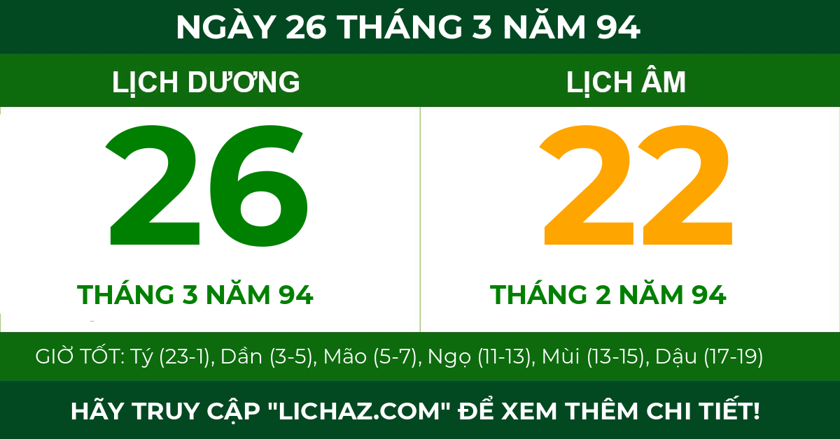 lịch âm ngày 26 tháng 3 năm 94