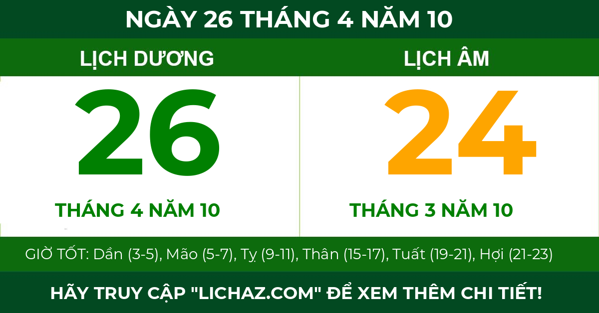lịch âm ngày 26 tháng 4 năm 10