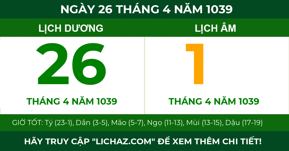 lịch âm ngày 26 tháng 4 năm 1039