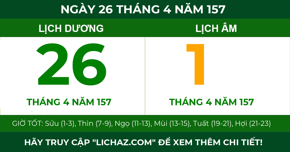lịch âm ngày 26 tháng 4 năm 157