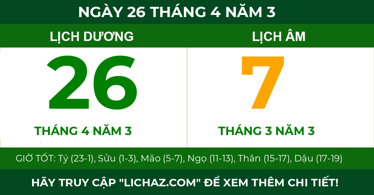 lịch âm ngày 26 tháng 4 năm 3