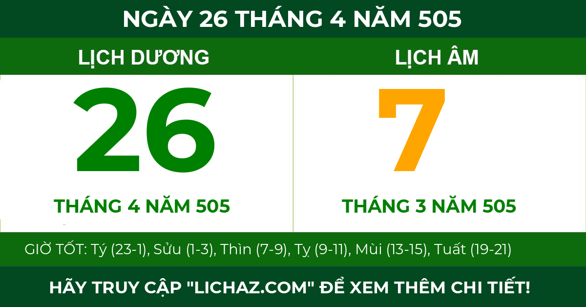 lịch âm ngày 26 tháng 4 năm 505