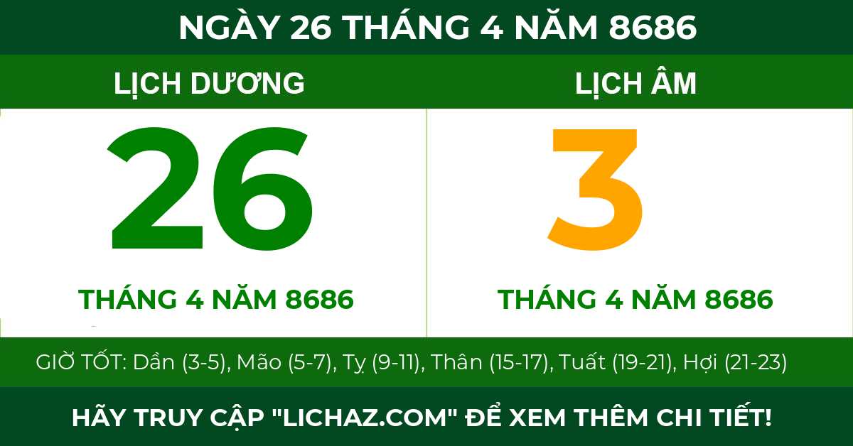 lịch âm ngày 26 tháng 4 năm 8686