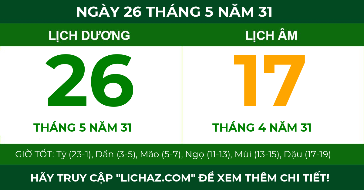 lịch âm ngày 26 tháng 5 năm 31