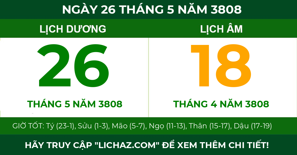 lịch âm ngày 26 tháng 5 năm 3808