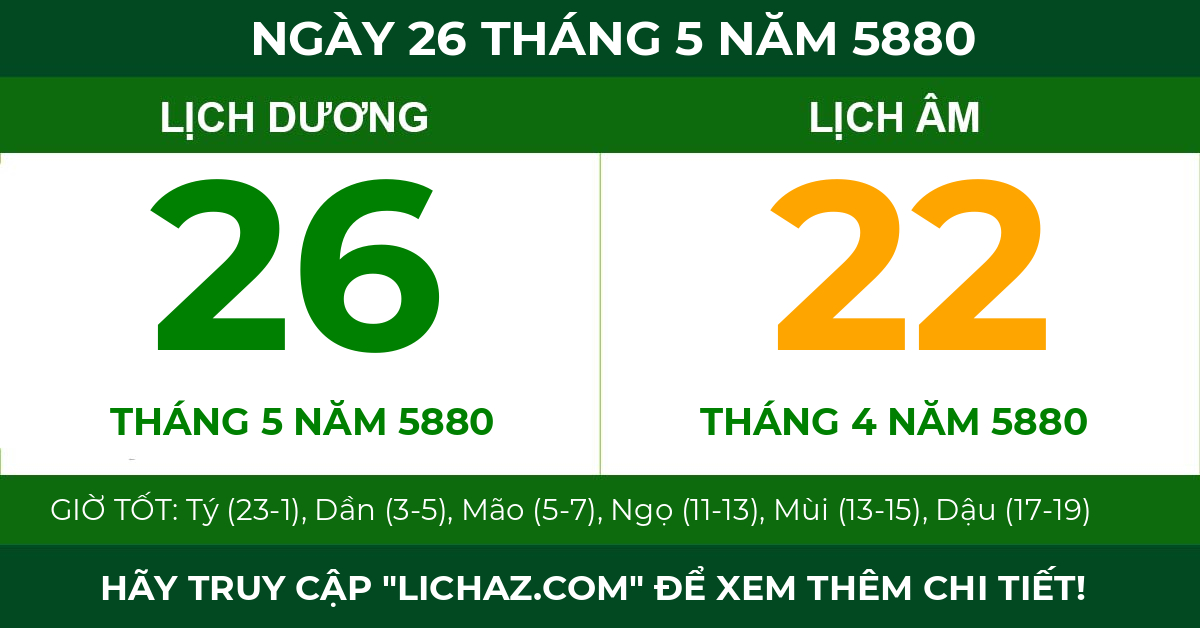 lịch âm ngày 26 tháng 5 năm 5880