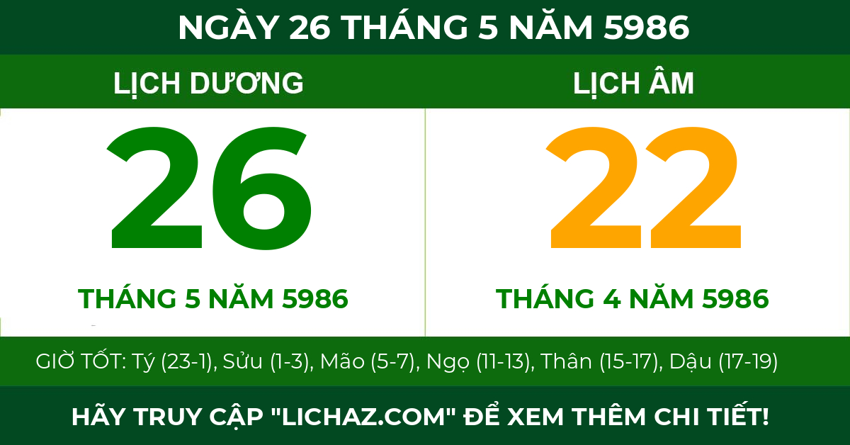 lịch âm ngày 26 tháng 5 năm 5986