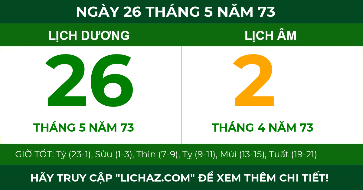 lịch âm ngày 26 tháng 5 năm 73
