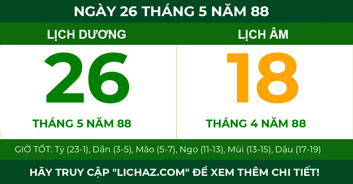 lịch âm ngày 26 tháng 5 năm 88