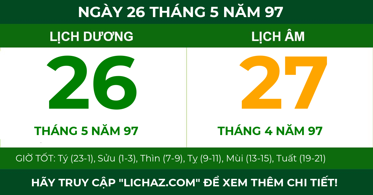lịch âm ngày 26 tháng 5 năm 97