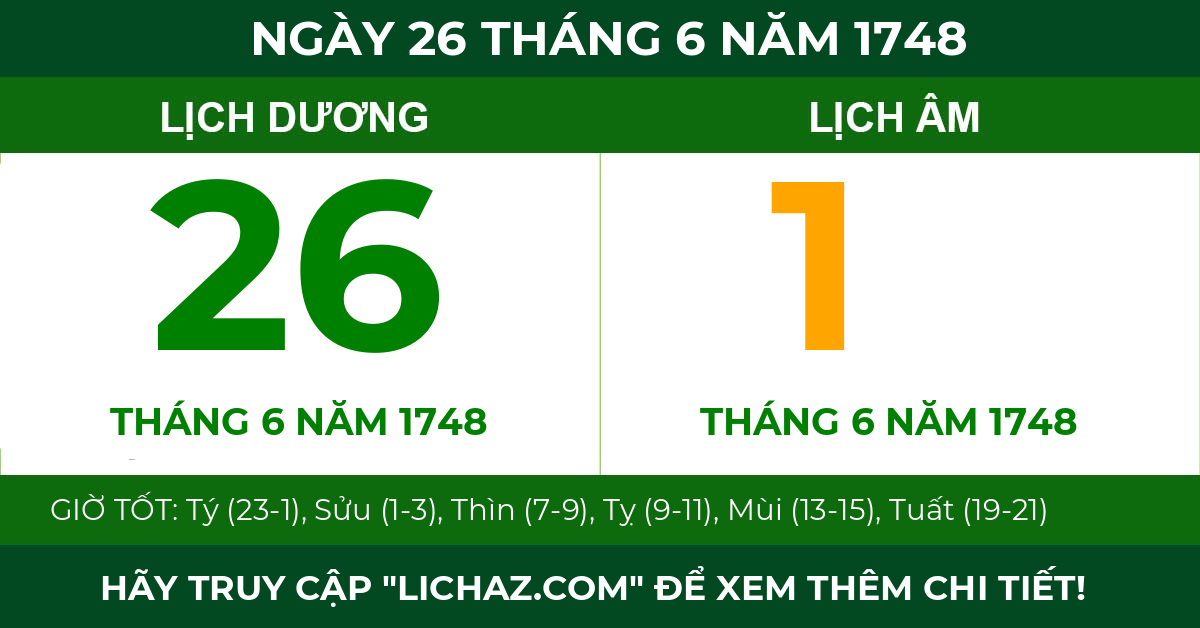 lịch âm ngày 26 tháng 6 năm 1748