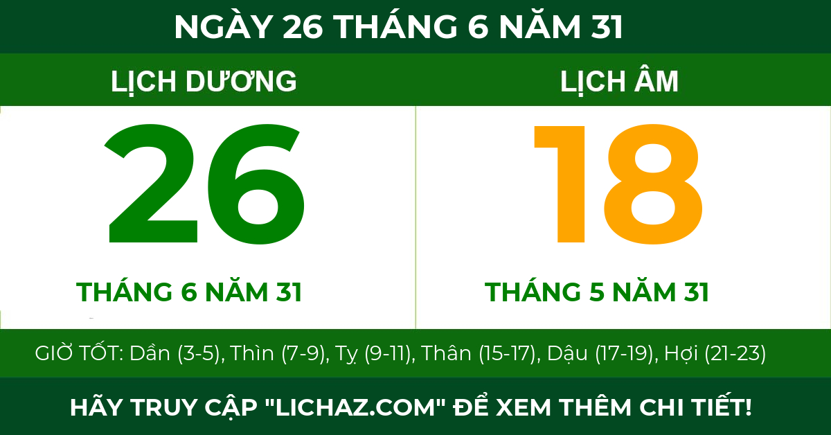 lịch âm ngày 26 tháng 6 năm 31