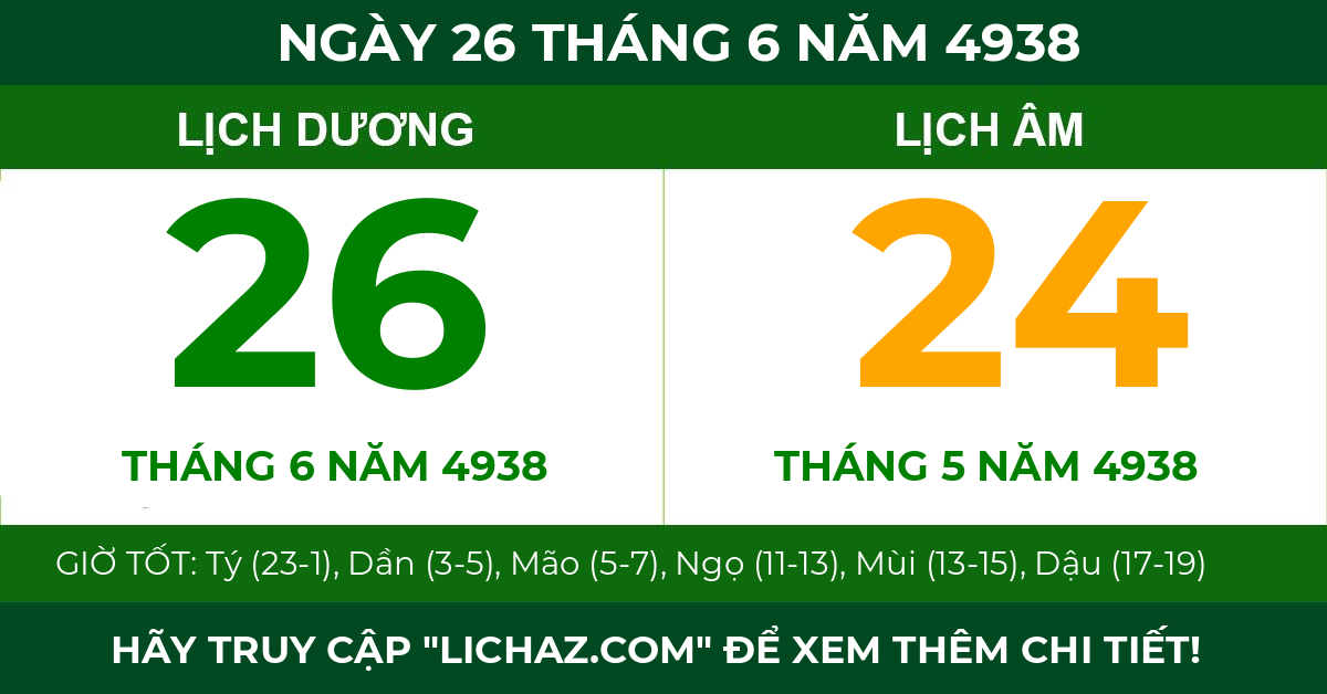 lịch âm ngày 26 tháng 6 năm 4938
