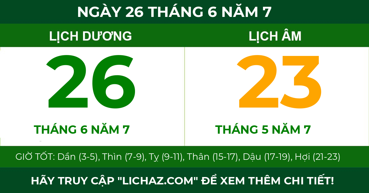 lịch âm ngày 26 tháng 6 năm 7
