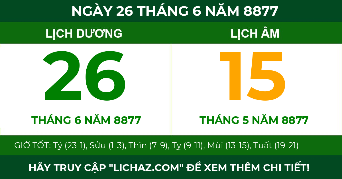 lịch âm ngày 26 tháng 6 năm 8877