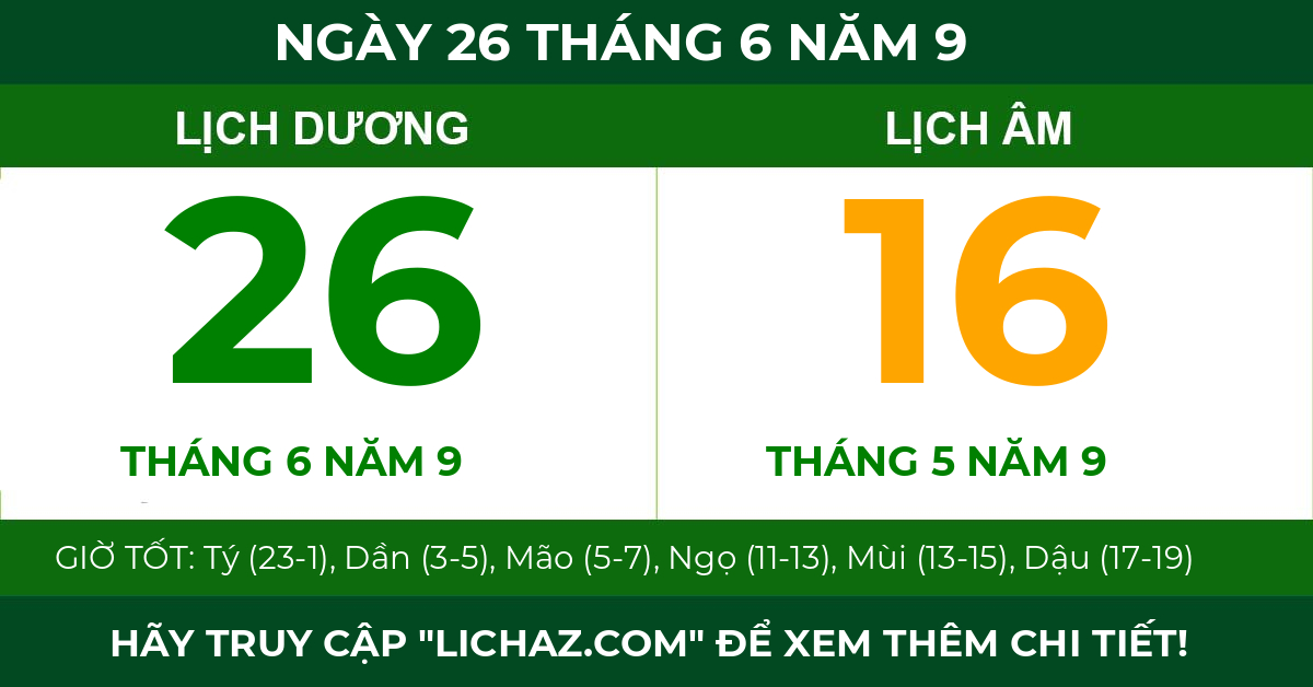 lịch âm ngày 26 tháng 6 năm 9
