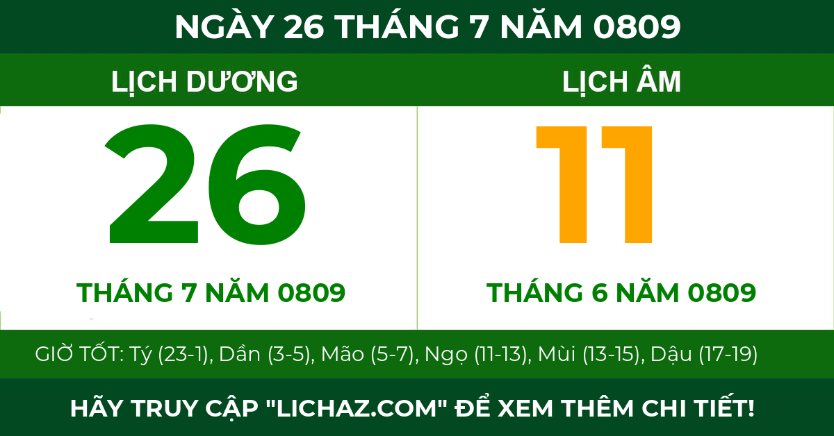 lịch âm ngày 26 tháng 7 năm 0809