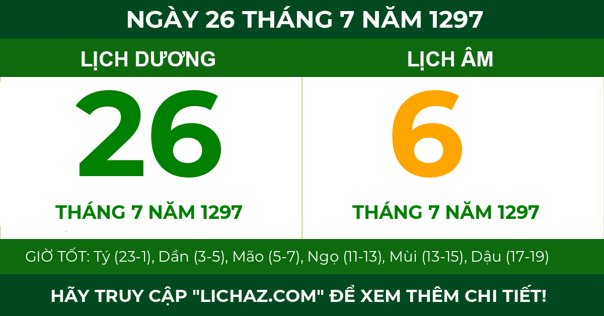 lịch âm ngày 26 tháng 7 năm 1297