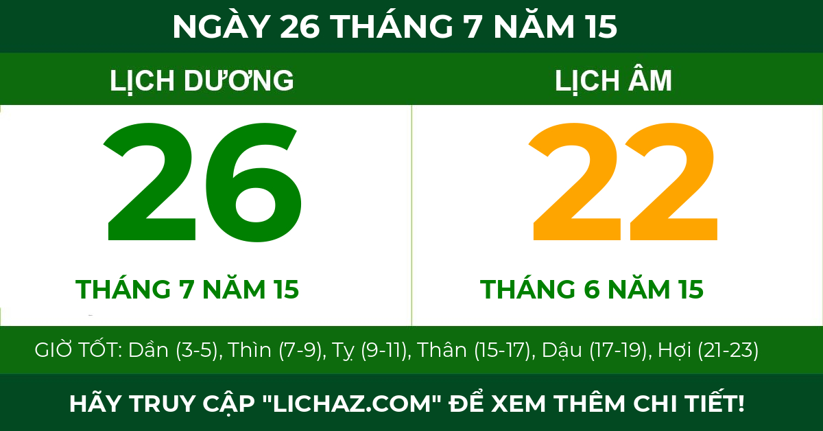 lịch âm ngày 26 tháng 7 năm 15