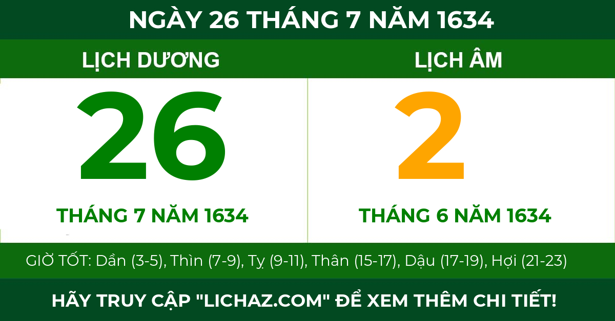 lịch âm ngày 26 tháng 7 năm 1634