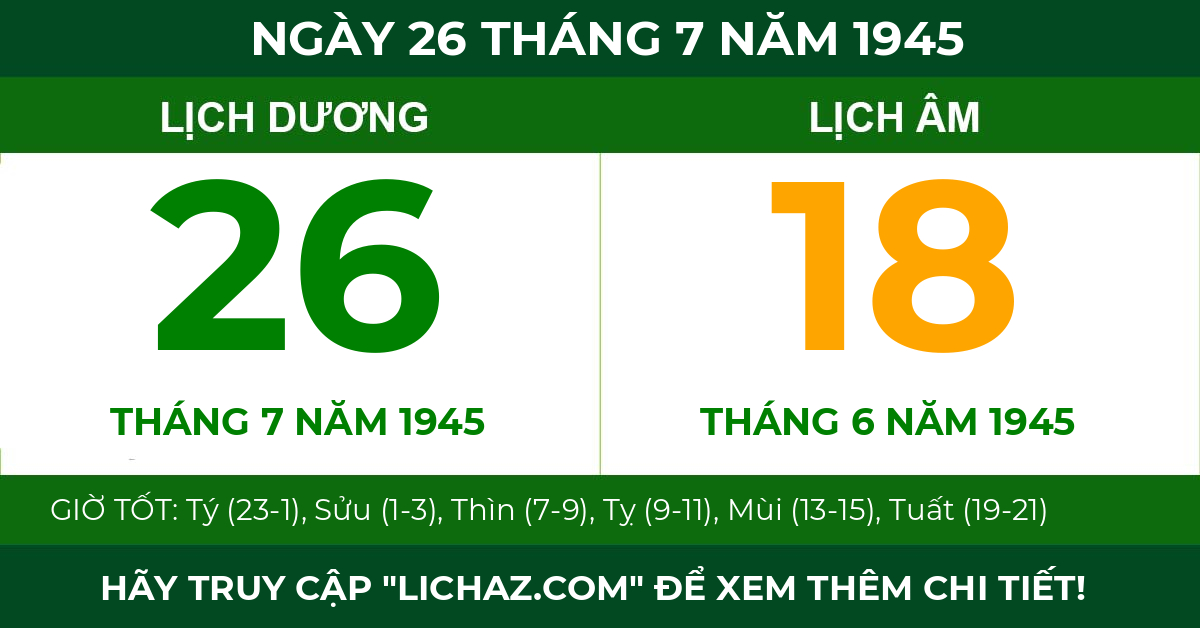lịch âm ngày 26 tháng 7 năm 1945