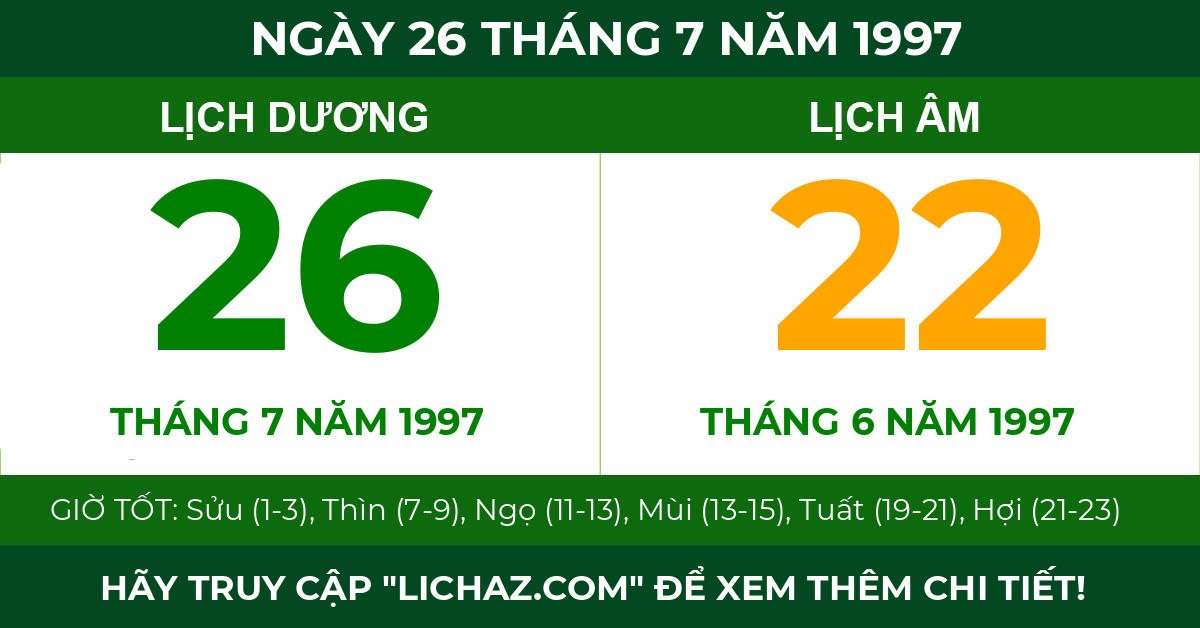 lịch âm ngày 26 tháng 7 năm 1997