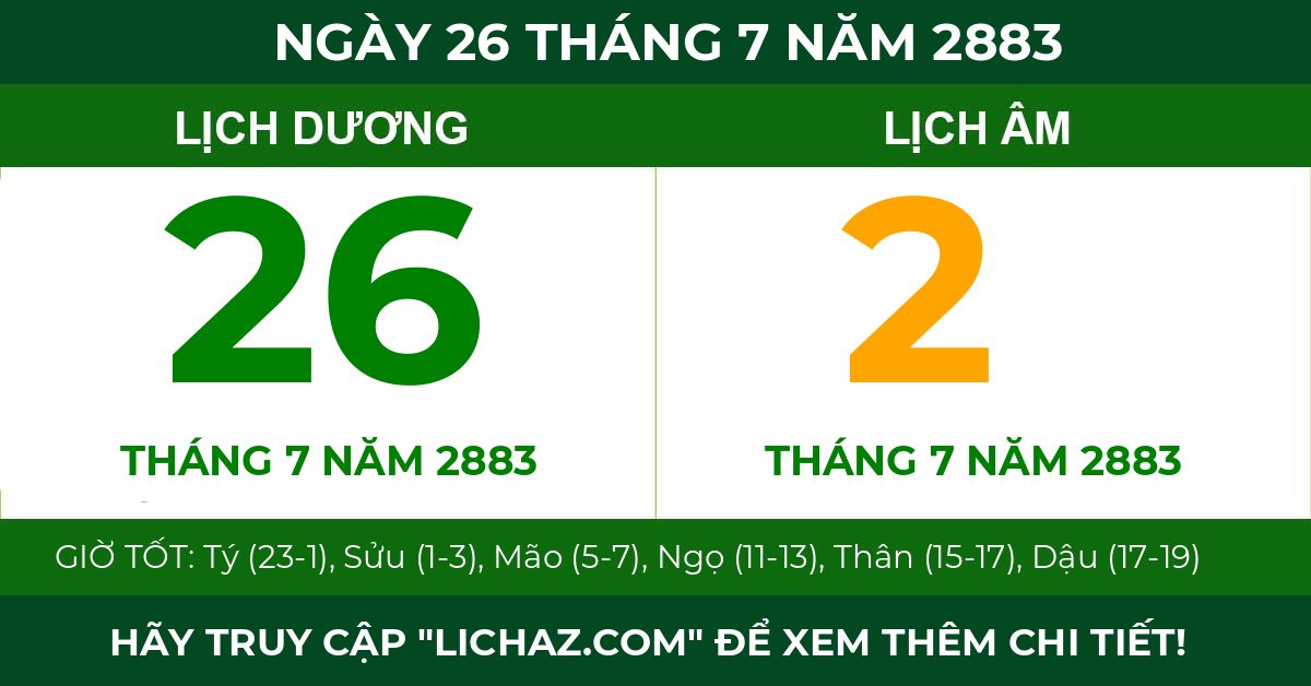 lịch âm ngày 26 tháng 7 năm 2883